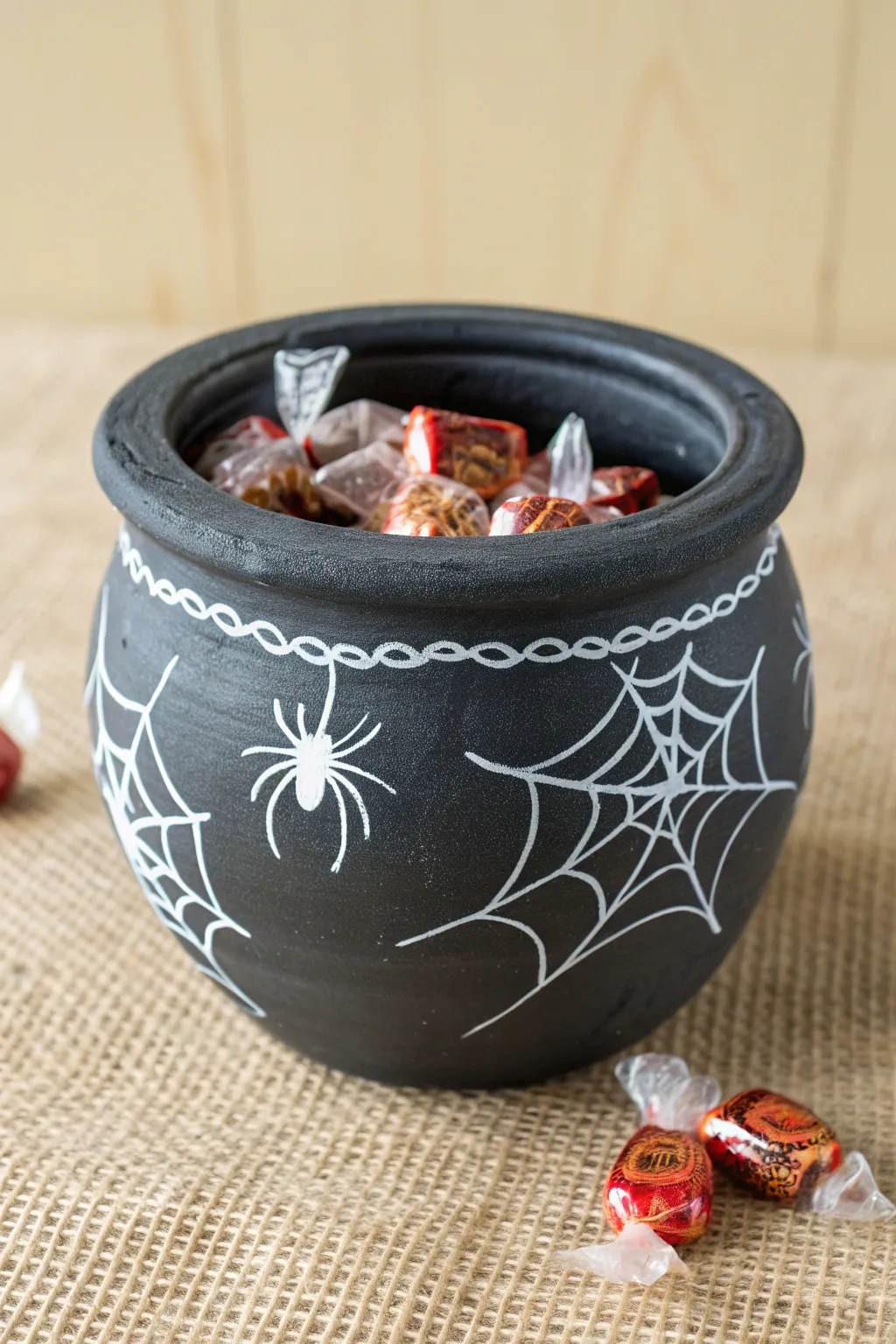 Dark clay candy pot with simple white spiderweb rim and a tiny spider, perfect for Halloween treats.