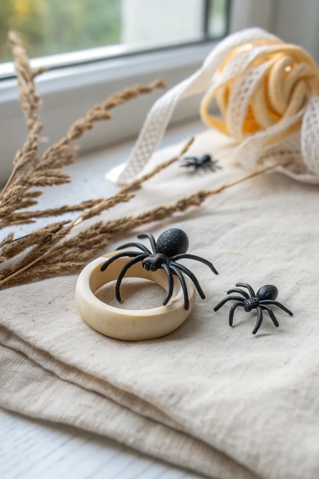 Spooky-cute clay spider ring with chunky legs, styled in minimalist Scandi-boho Halloween tones.