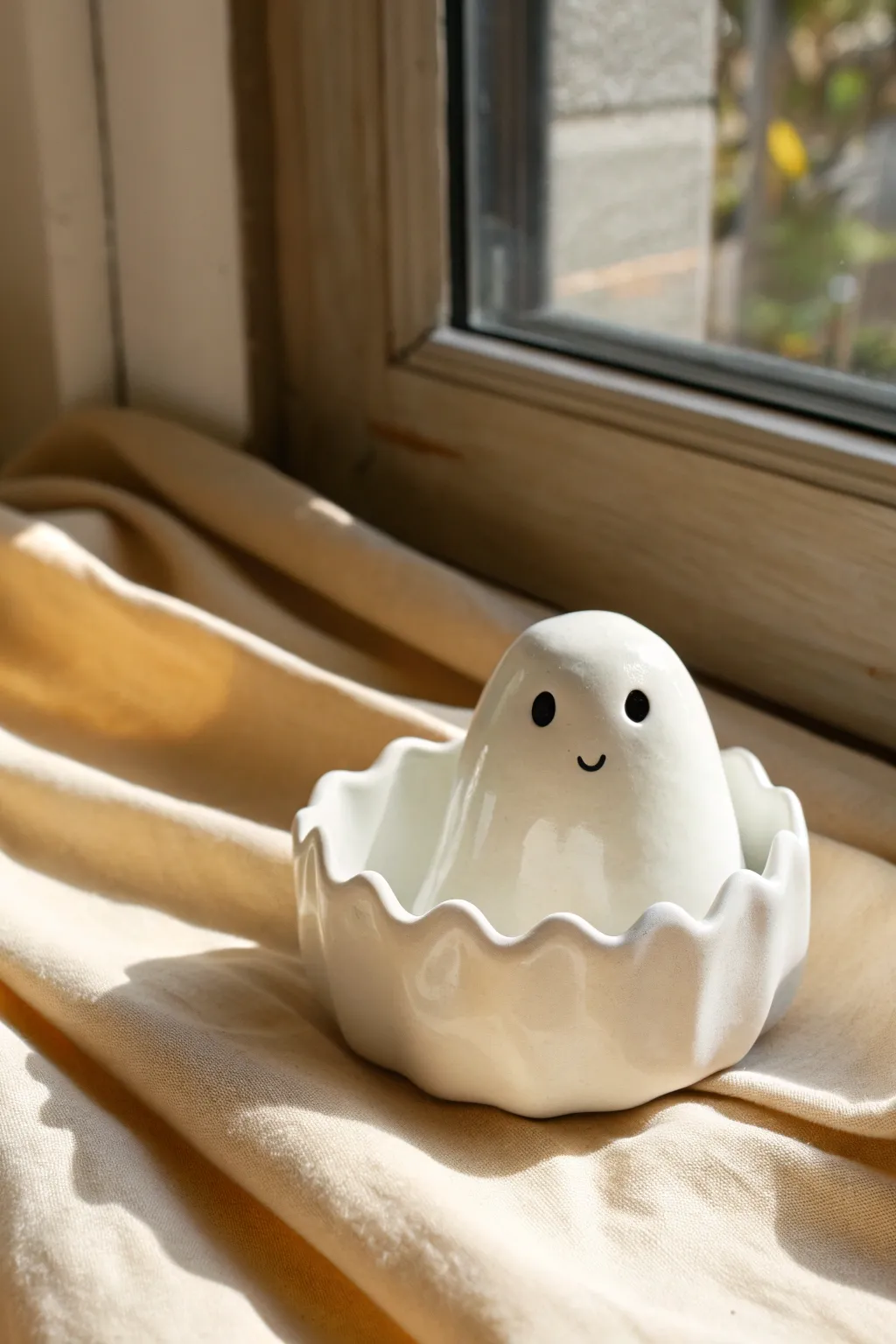 Minimal ghost pinch pot with a wavy rim, clean and cozy Halloween pottery for modern homes.