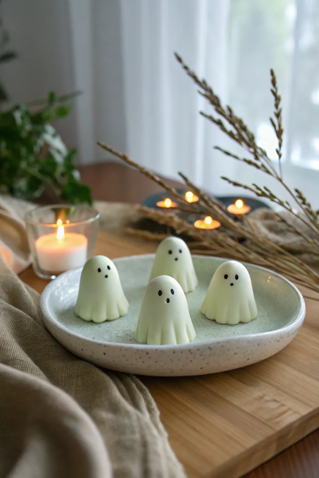 Glow-in-the-dark polymer clay ghost set with a soft eerie glow in a warm, cozy minimalist scene