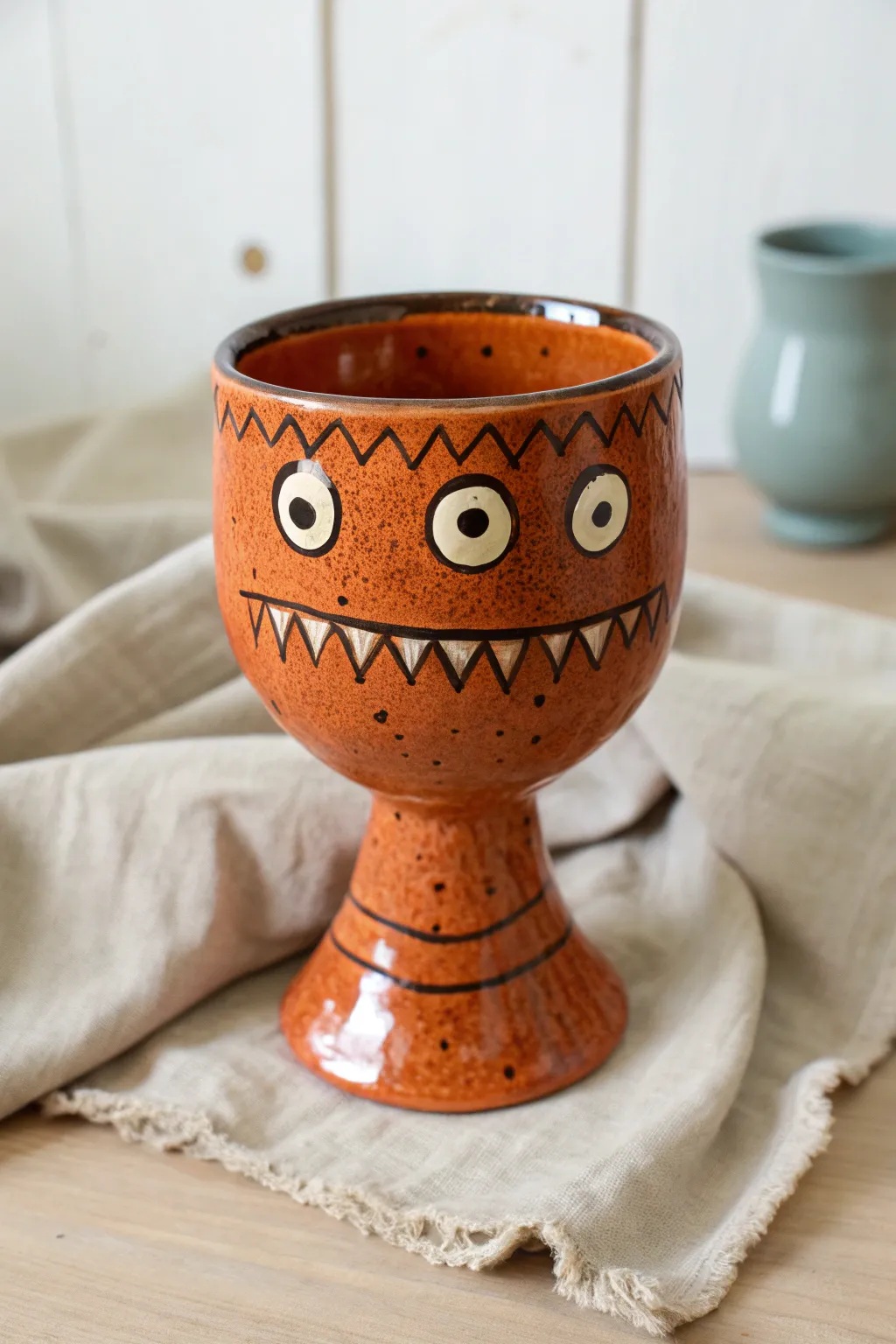 Playful monster face goblet in bold glaze with textured accents, minimal styling and cozy contrast