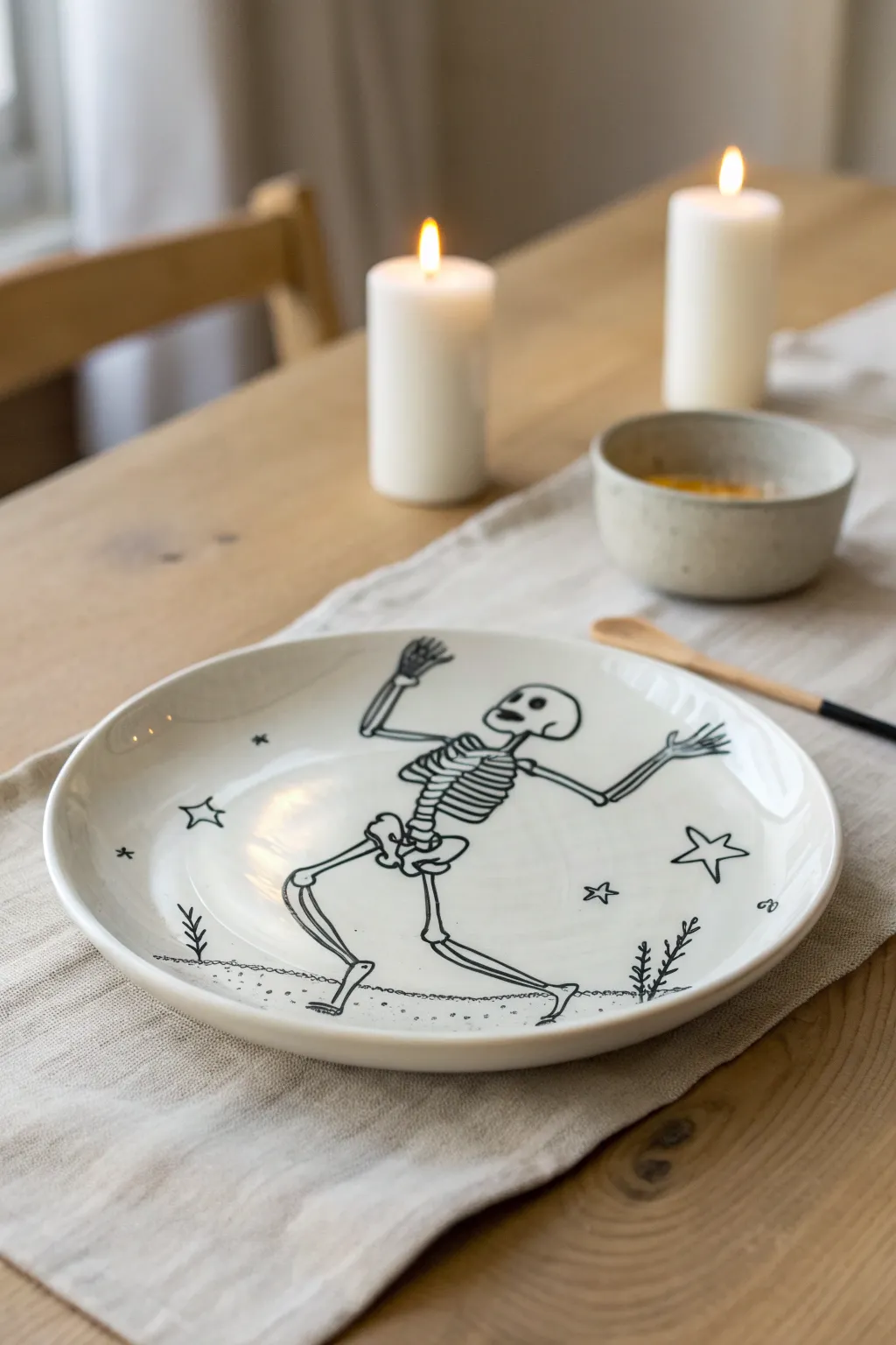 Friendly skeleton dance plate for Halloween, minimalist pottery painting with cozy candle glow.