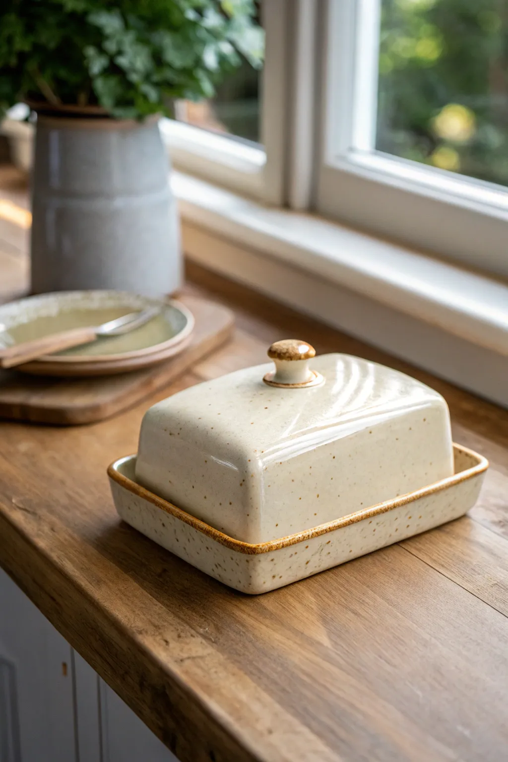 Hand-built butter dish in a soft rustic glaze, minimalist and perfectly imperfect.