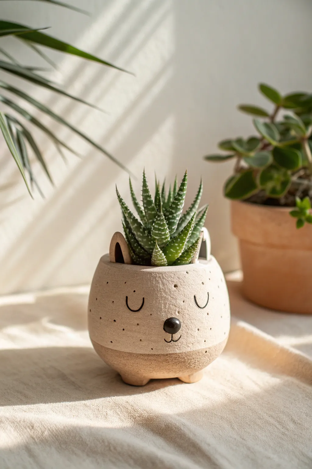 Beginner pinch pot animal planter with a tiny succulent, simple, cute, and beautifully handmade