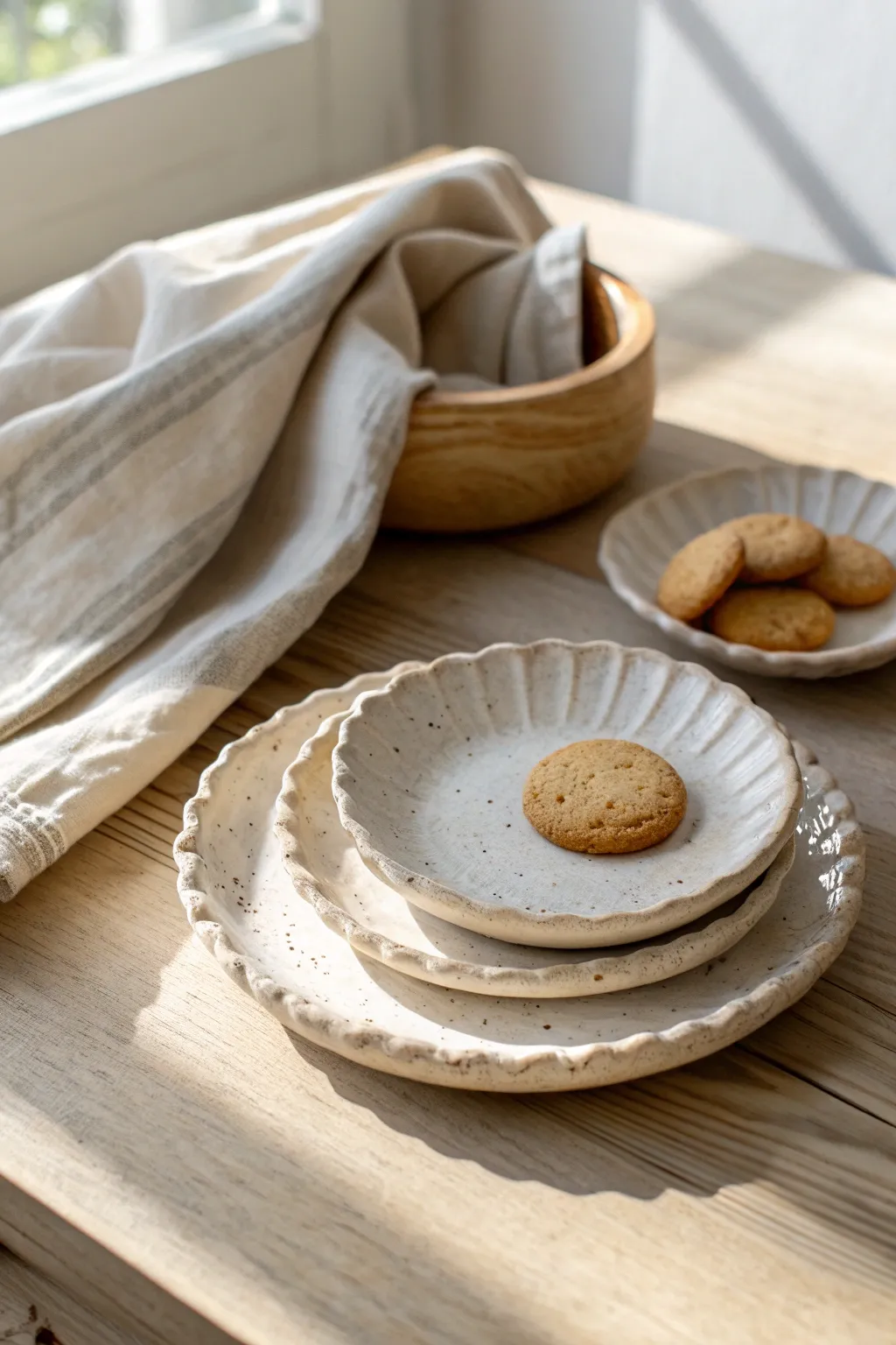 Ruffled-edge clay dessert plates with a simple matte glaze, styled for a cozy minimalist table