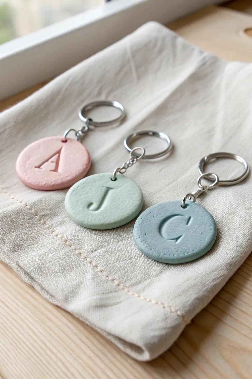 Soft pastel clay initial keychains with simple stamped details and minimalist metal rings