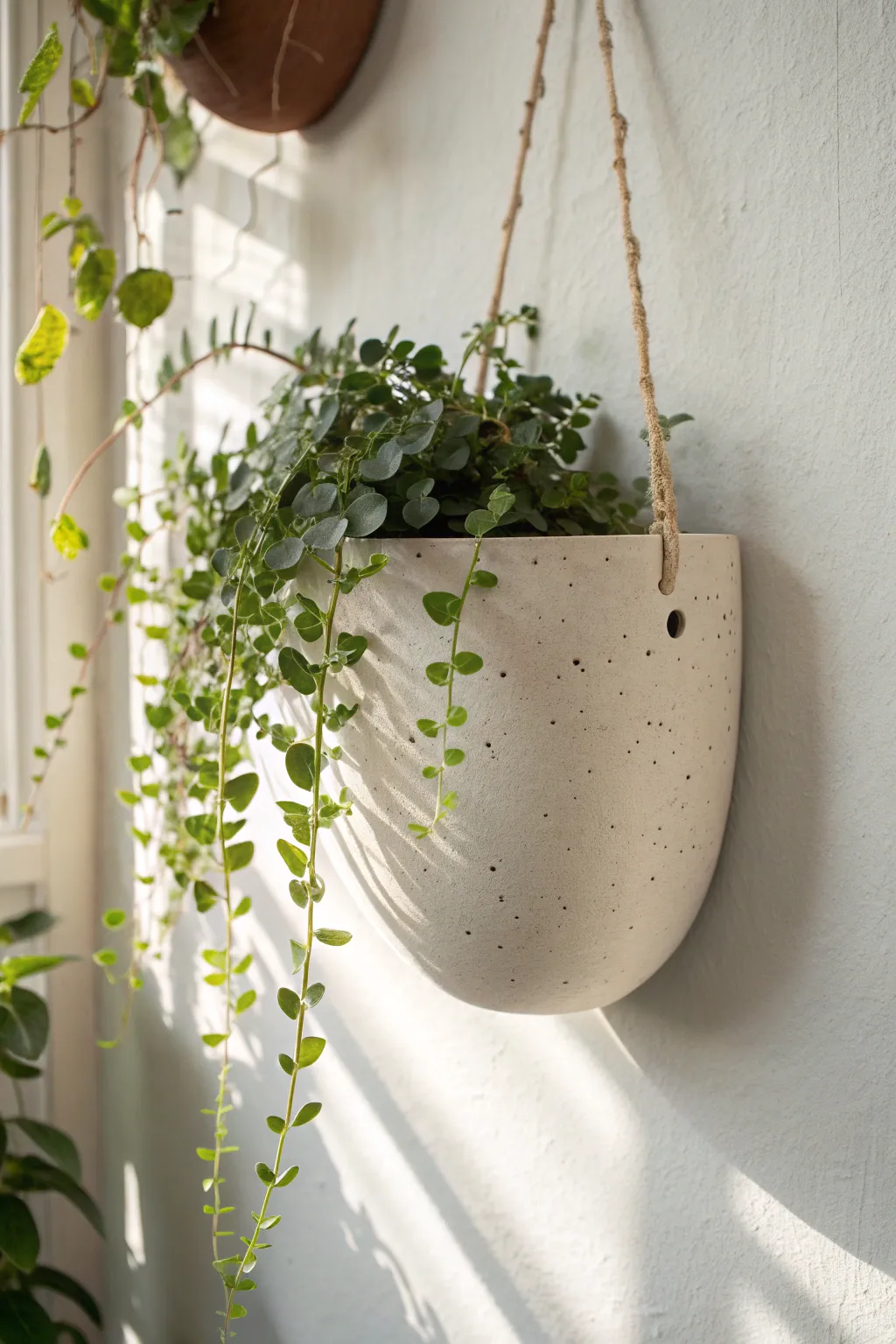 Simple handbuilt wall pocket planter with trailing greenery, minimalist clay texture on a plain wall