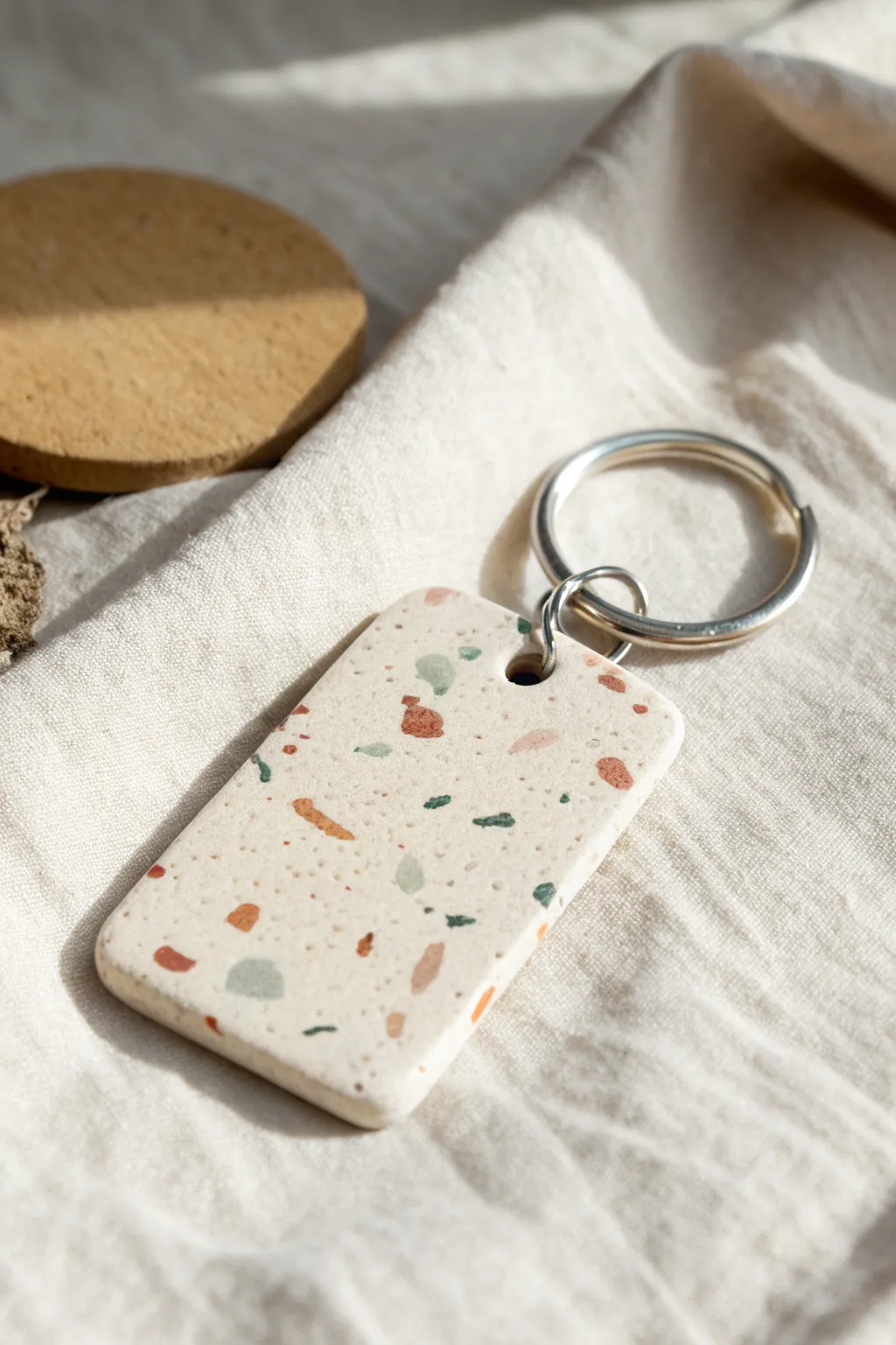 Terrazzo speckled clay tag charm with jump ring, a chic handmade keychain accent.