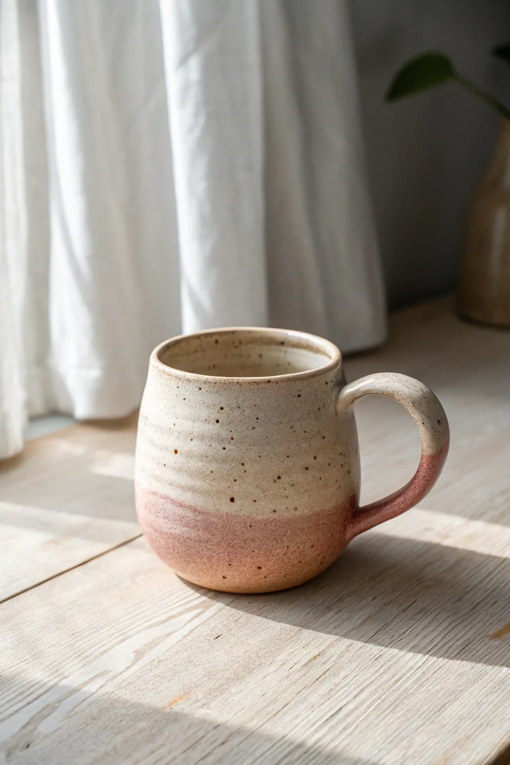 Cozy pinched-belly clay mug in soft matte glaze, minimalist and warm for daily comfort.