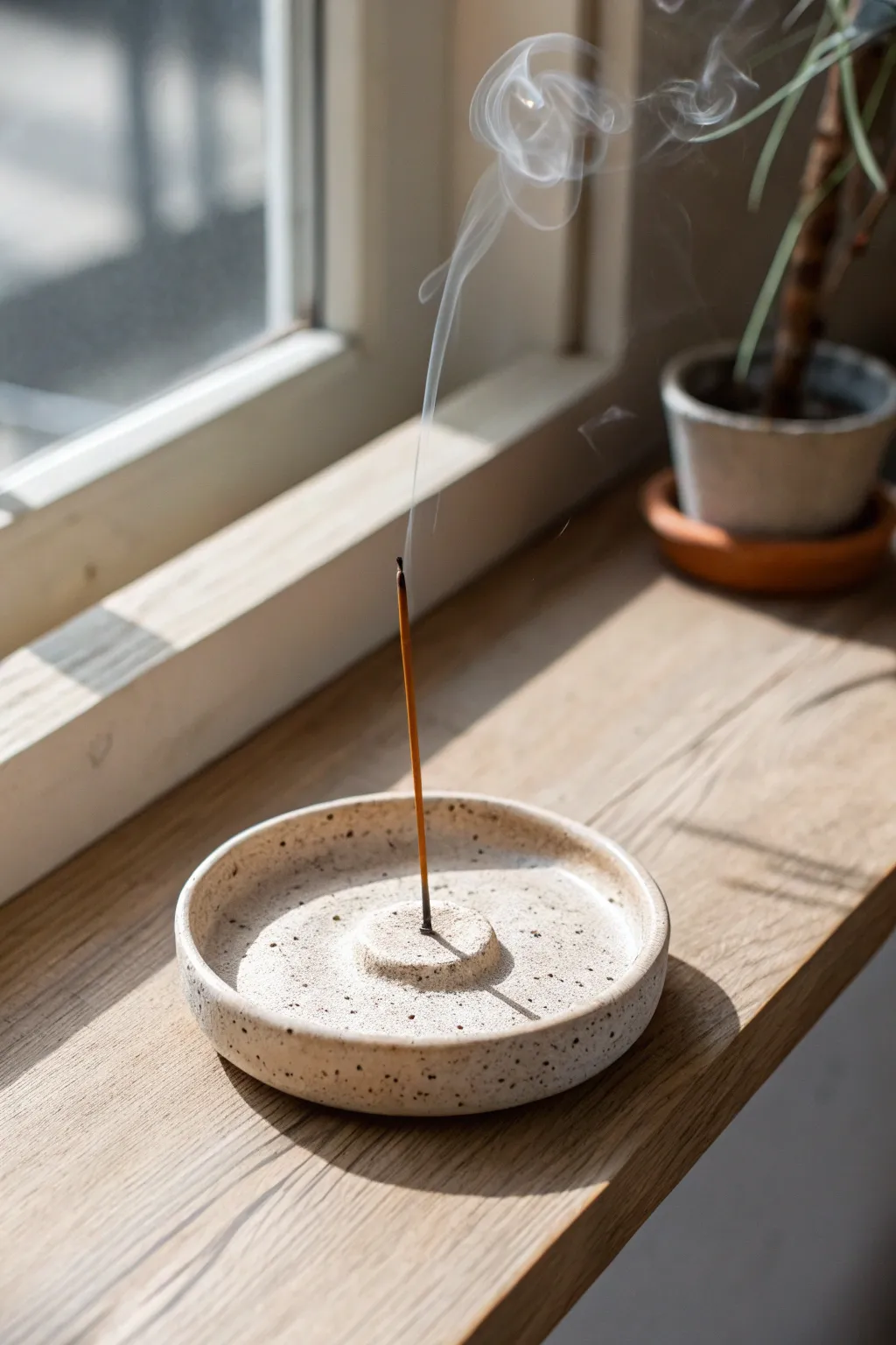 Simple handmade incense holder in soft stoneware, bringing calm to a minimalist corner