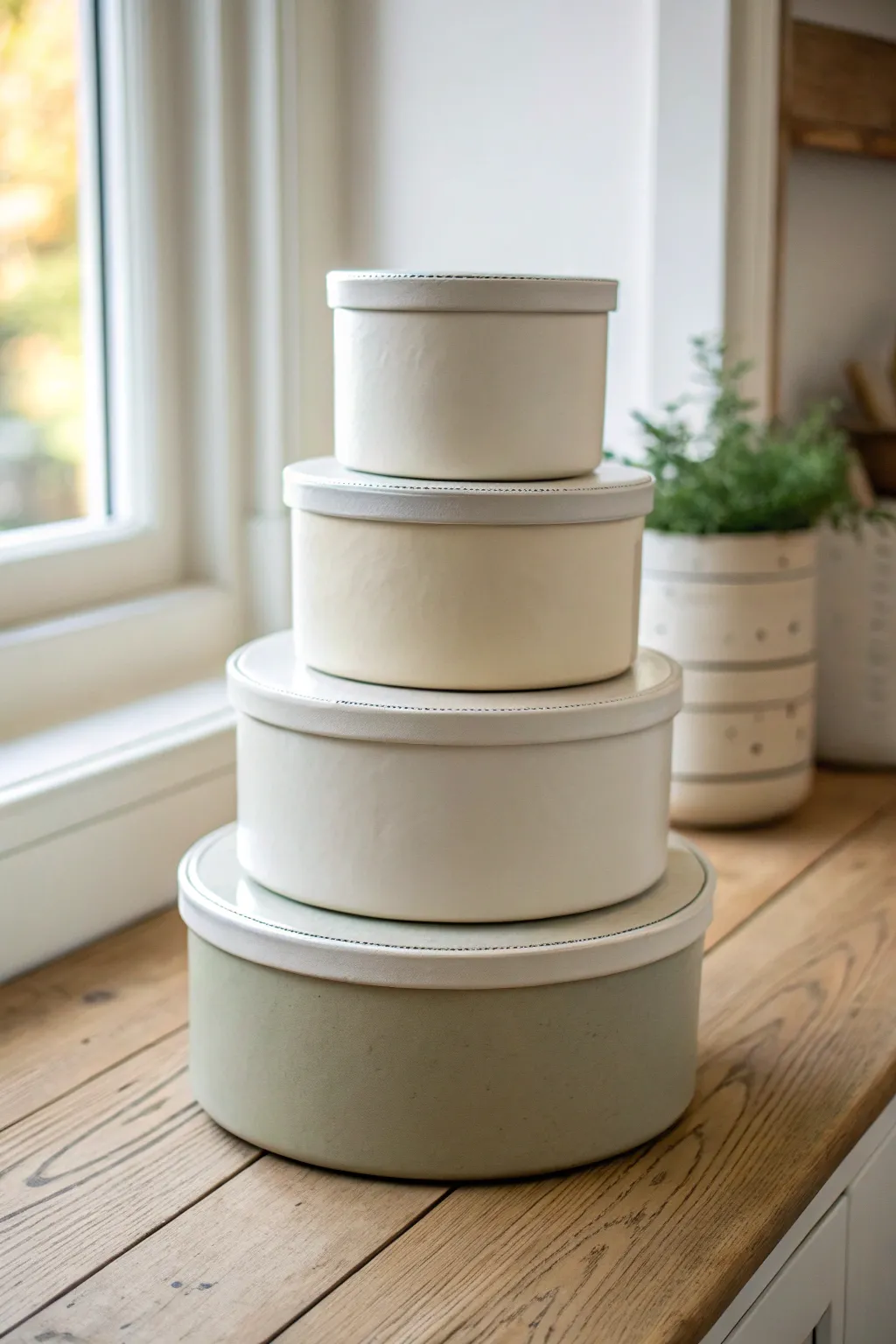 Stacked hard slab nesting boxes with perfectly fitted lids in a calm minimalist glaze palette.