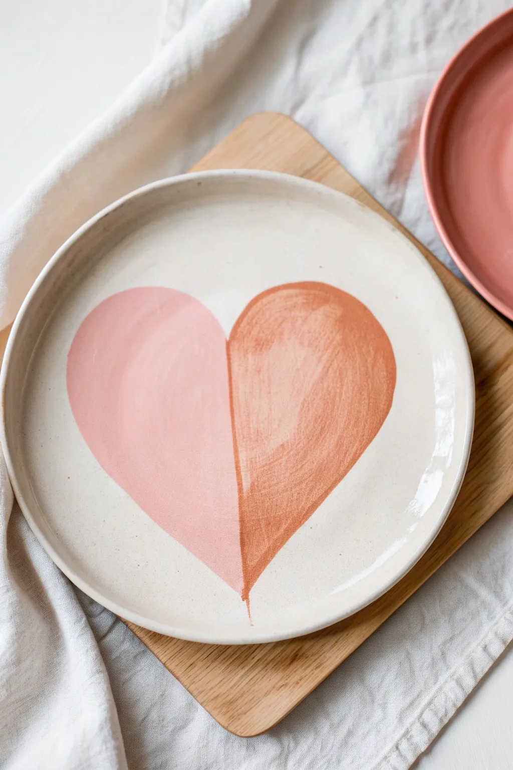 Bold two-tone heart plate in blush pink and terracotta for an easy, modern DIY look.