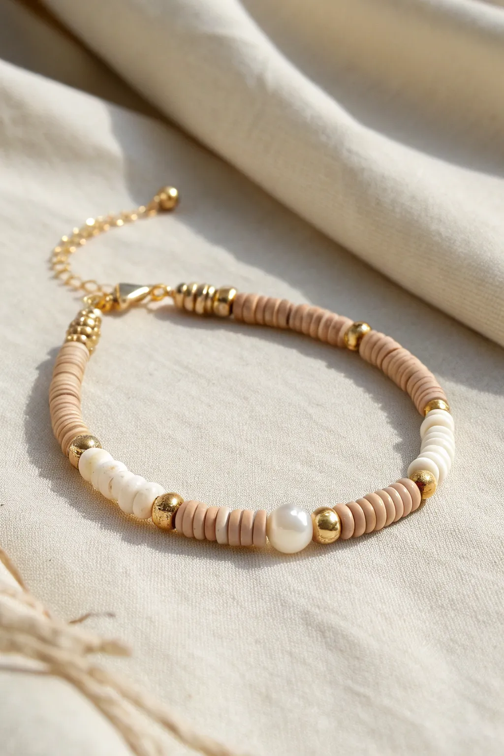 Pearl and heishi bead bracelet ideas with soft contrast and tactile, minimalist texture.