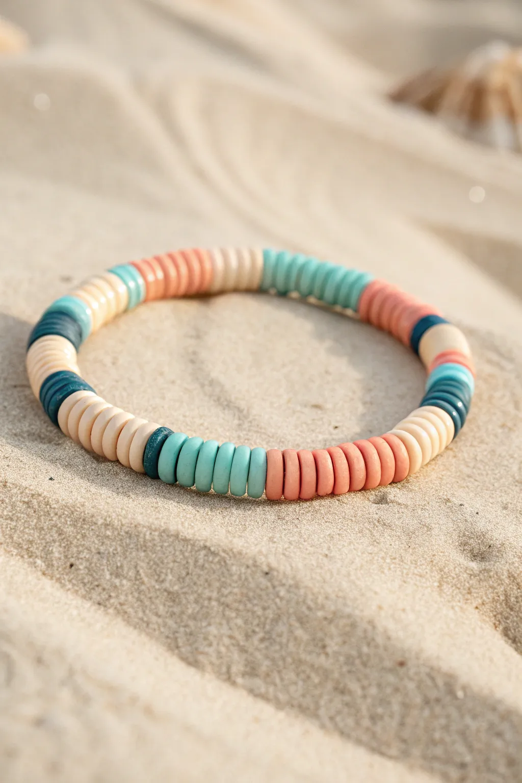 Sunset-to-sea heishi clay bracelet in a clean gradient, beachy minimal styling and crisp contrast