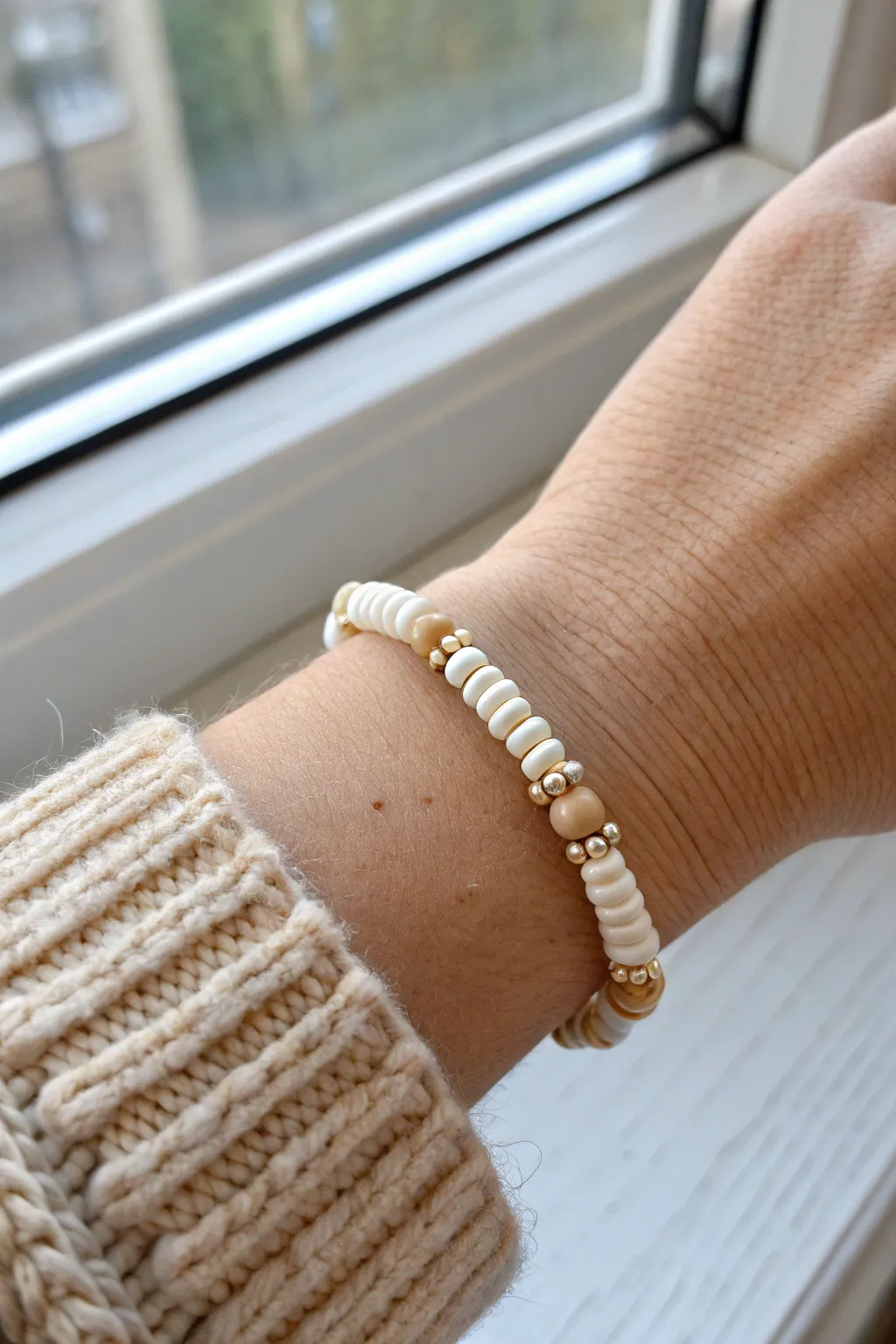 Pearl and heishi bracelet in creamy neutrals, a soft minimalist contrast for everyday layering.