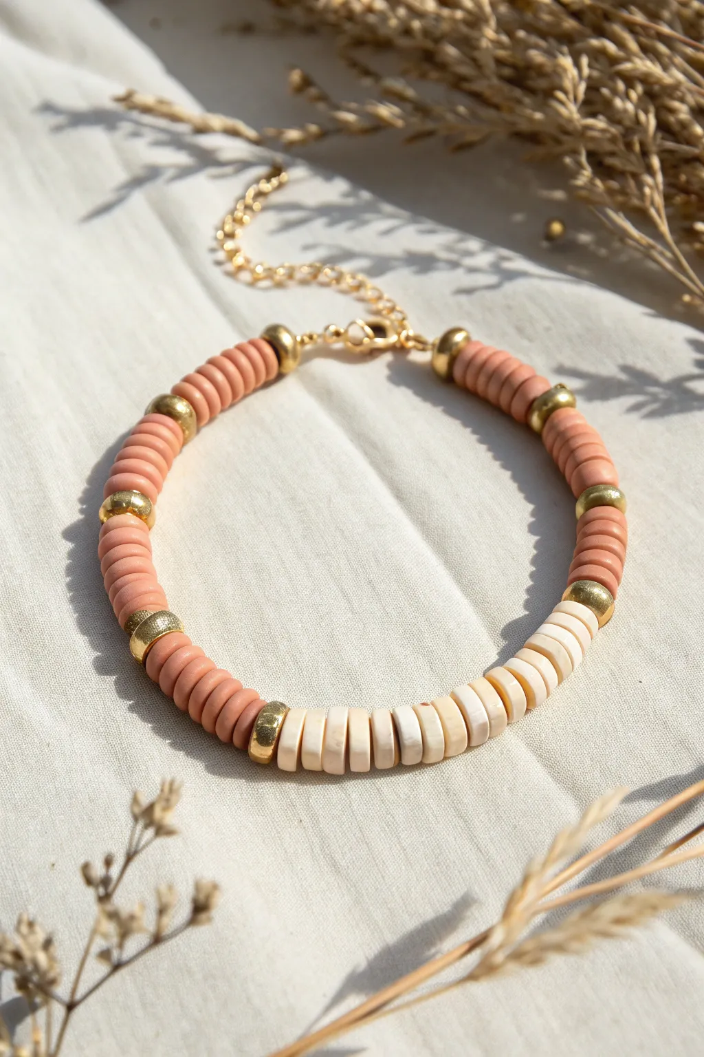 Spacer rhythm heishi bracelet: every 6 clay discs, a tiny gold spacer for clean, modern flow.