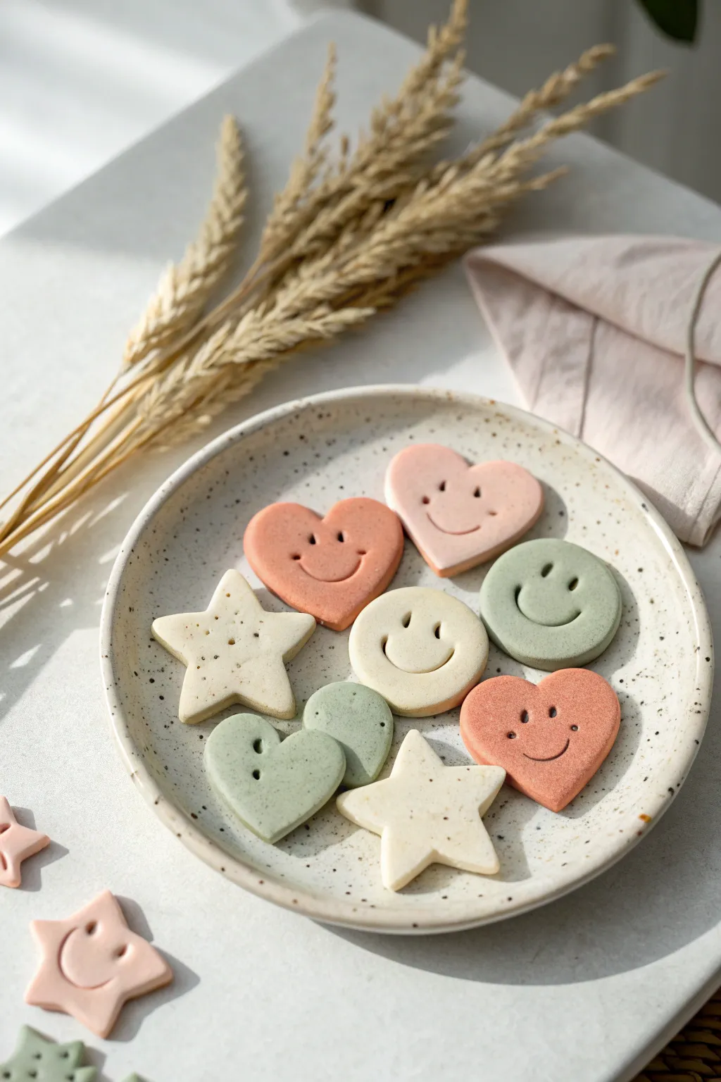 Sweet handmade clay magnet set in soft pastel shapes, minimal Scandinavian style with boho warmth