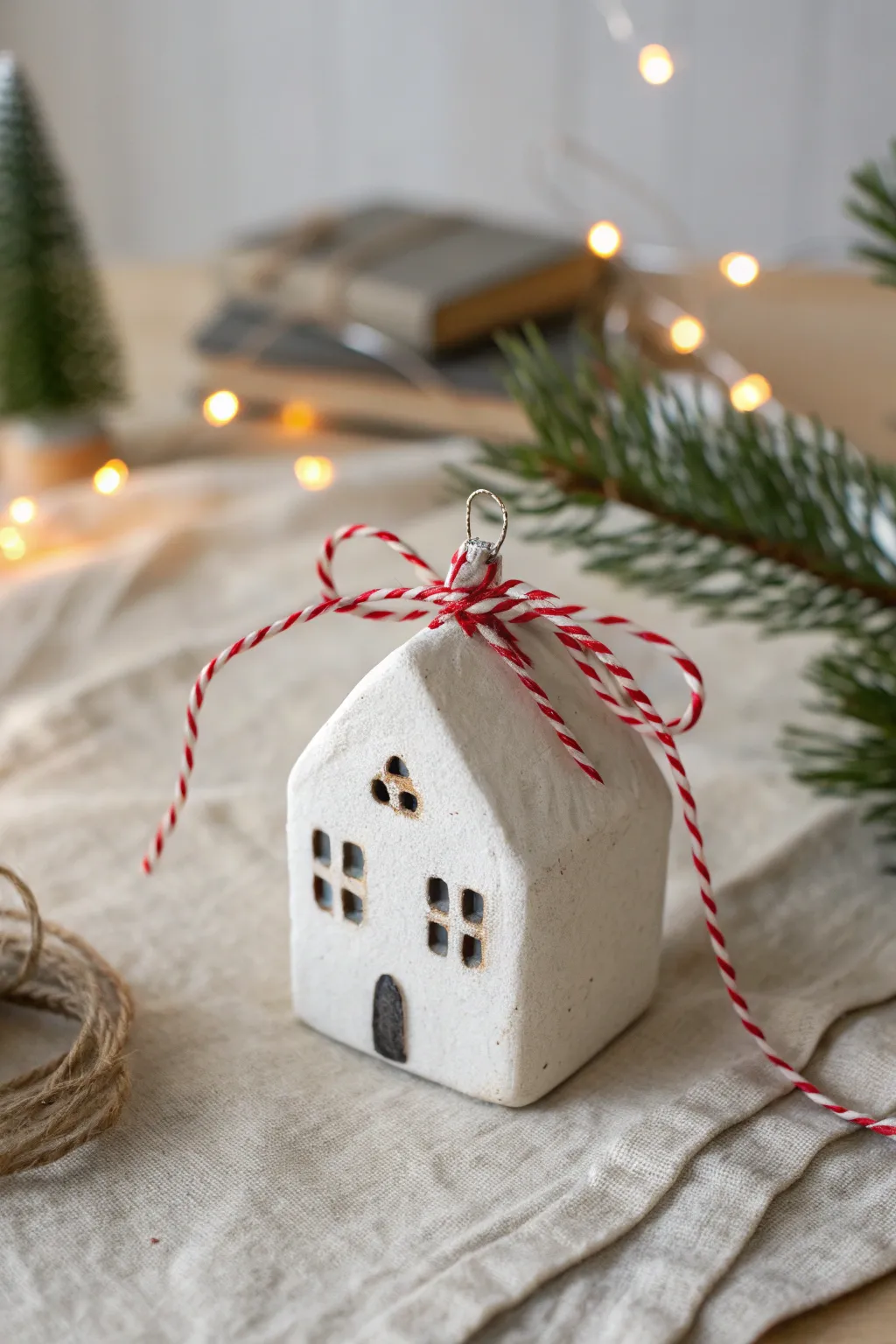 Cozy little clay house ornament with simple details and twine, perfect for a handmade holiday nook.