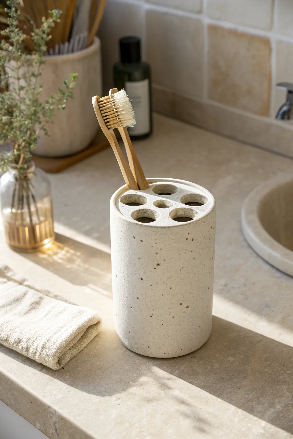 Easy beginner clay idea: a minimalist speckled ceramic toothbrush holder with clean round holes.