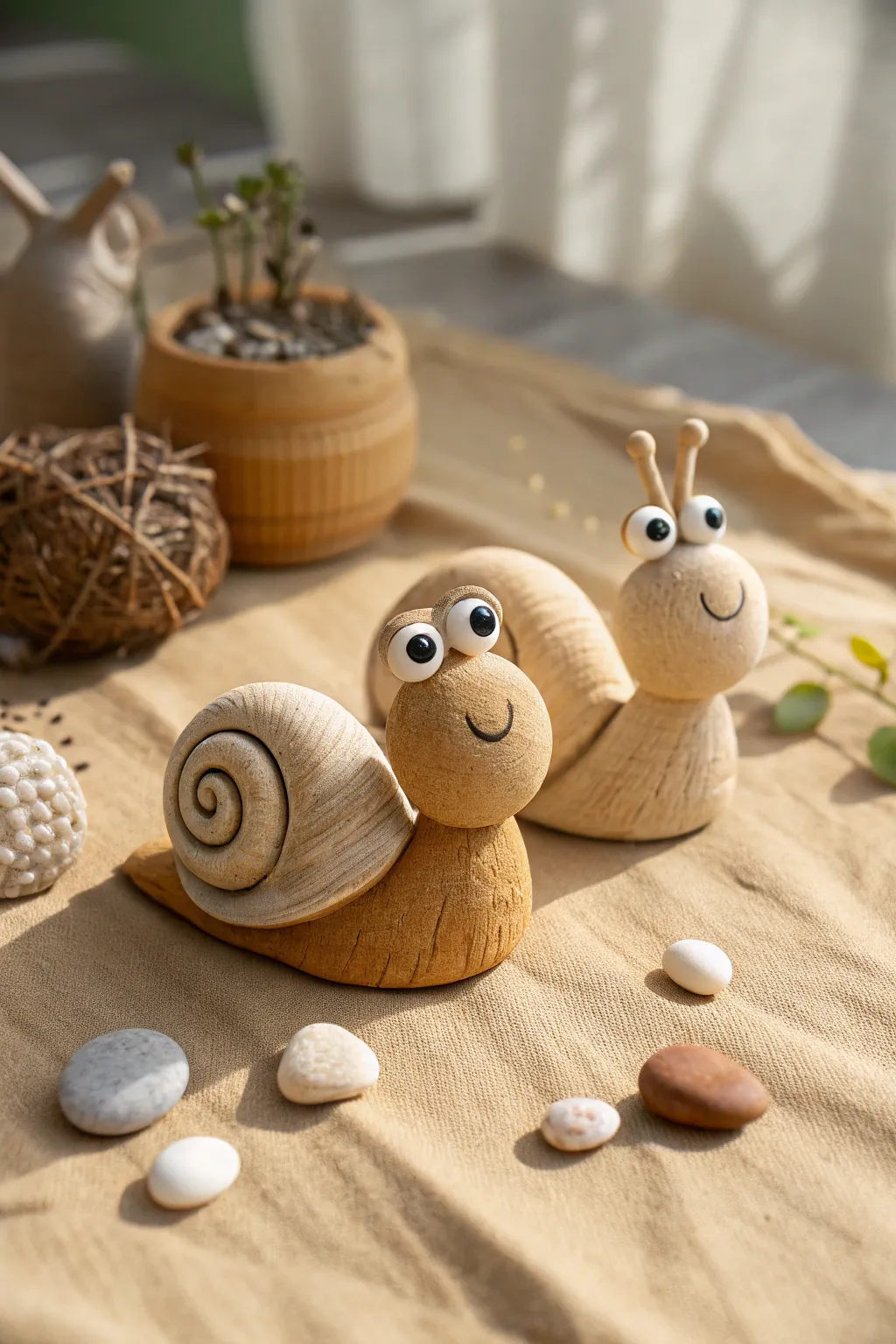 Cute clay snail friends with real shells, styled simply on linen with soft natural contrast.