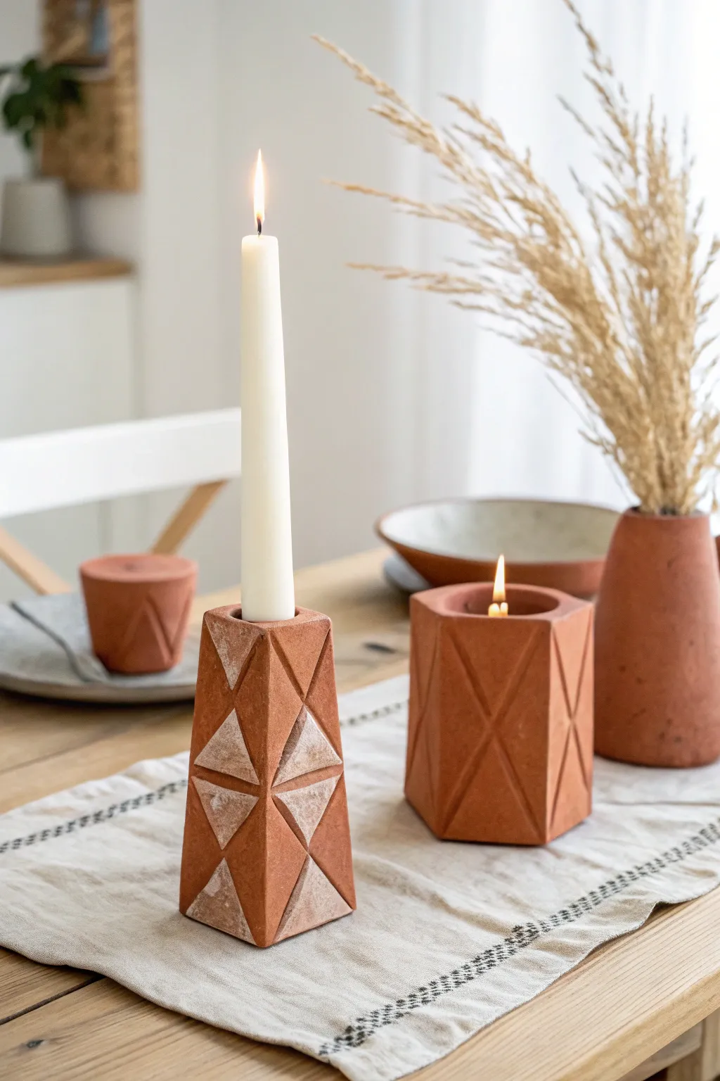 Two handmade geometric clay candle holders with taper candles, cozy Scandinavian-boho table styling.
