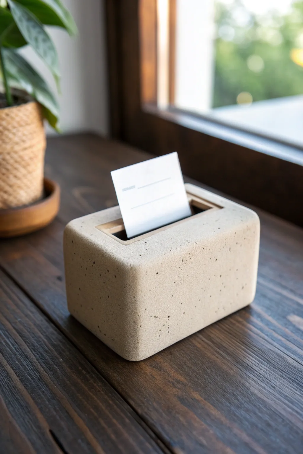 Minimal clay photo holder block in warm neutral tones, perfect for a calm Scandinavian table.