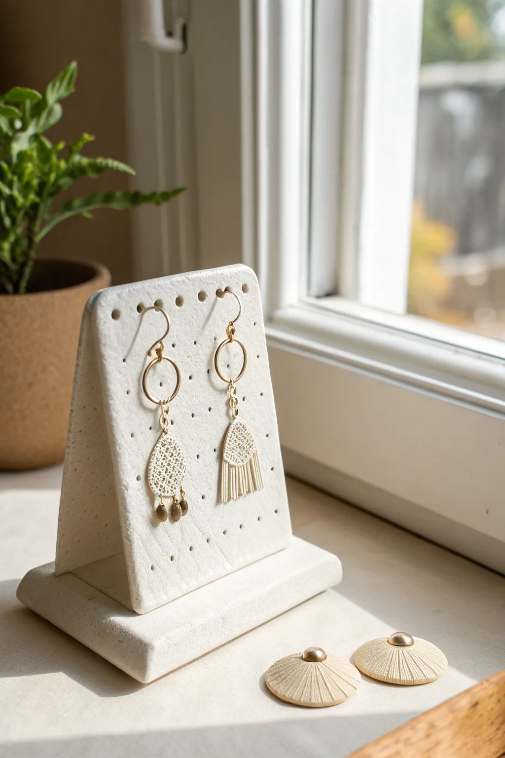 Minimal air dry clay earring stand with pegs, a chic DIY display for your favorite pairs.