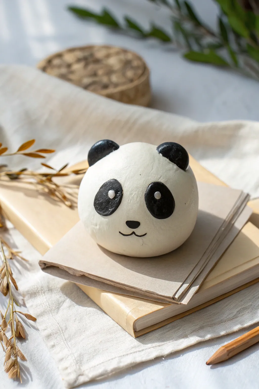 Minimal panda face clay paperweight that keeps papers neat with calm, cozy Scandinavian charm