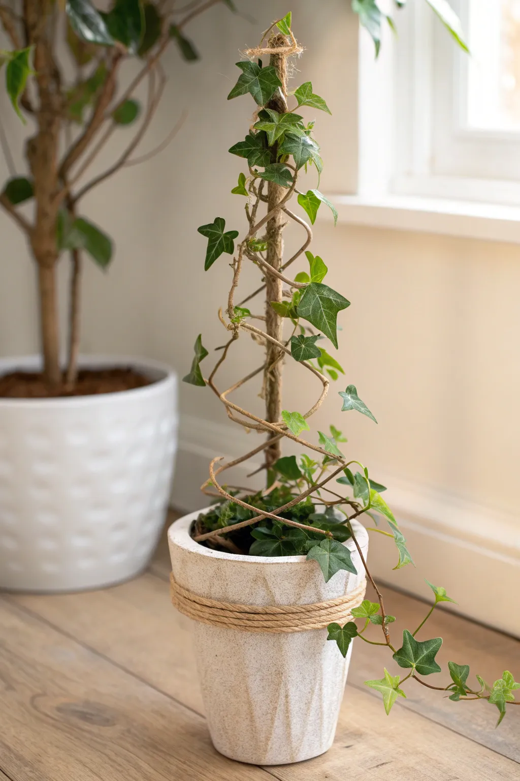 Spiral ivy topiary in a simple clay pot for an elegant, space-saving green statement.