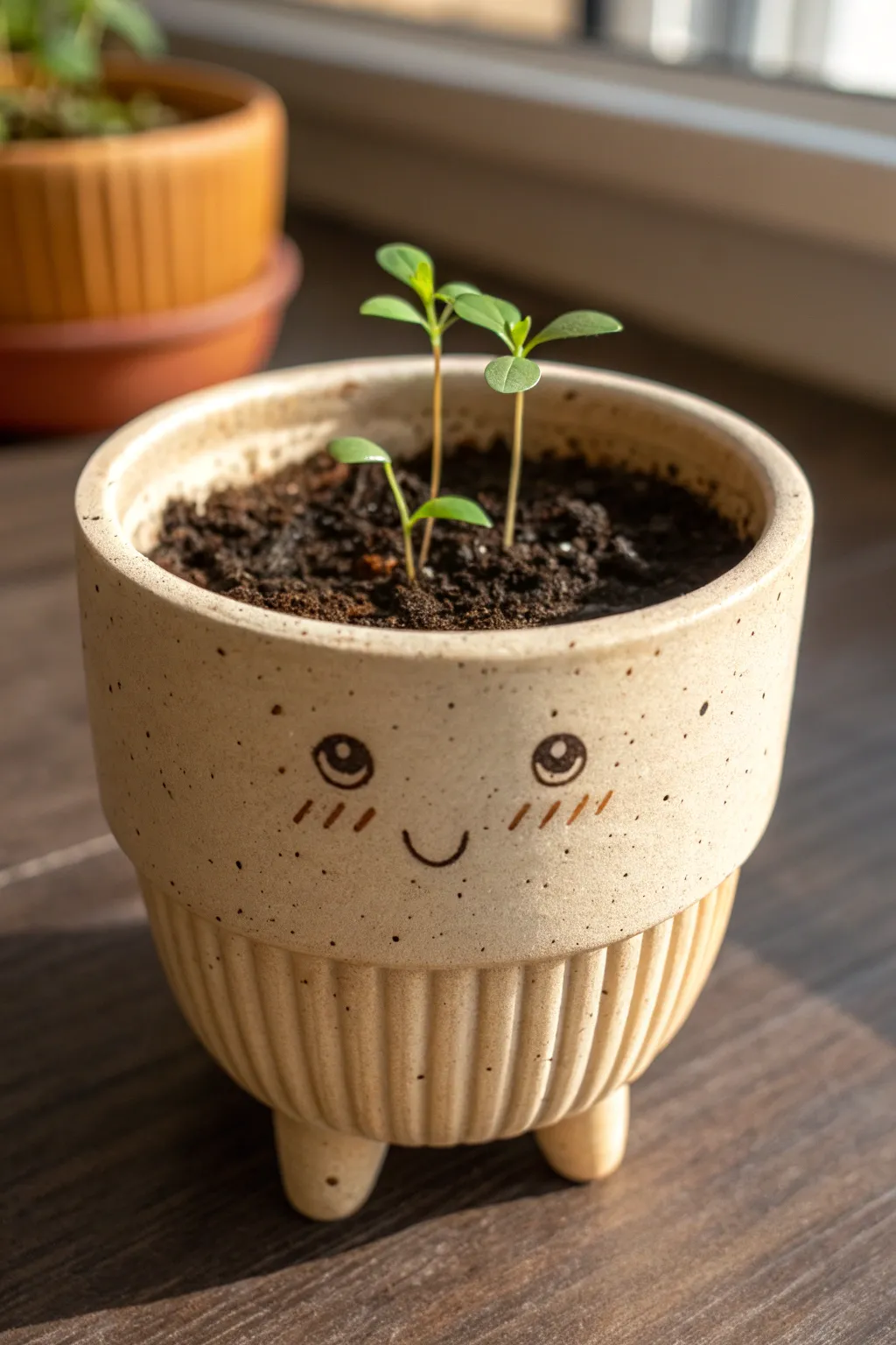 Cute clay potted sprout with a sweet face and corduroy legs, minimalist and cozy
