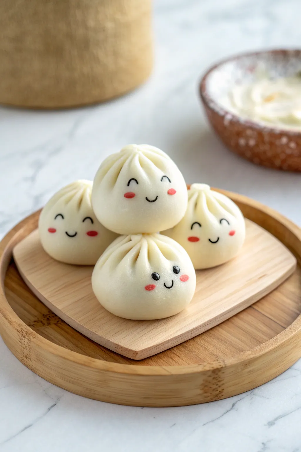Sweet dumpling friends in creamy white and blush, simple pleats and kawaii faces, bright and minimal.