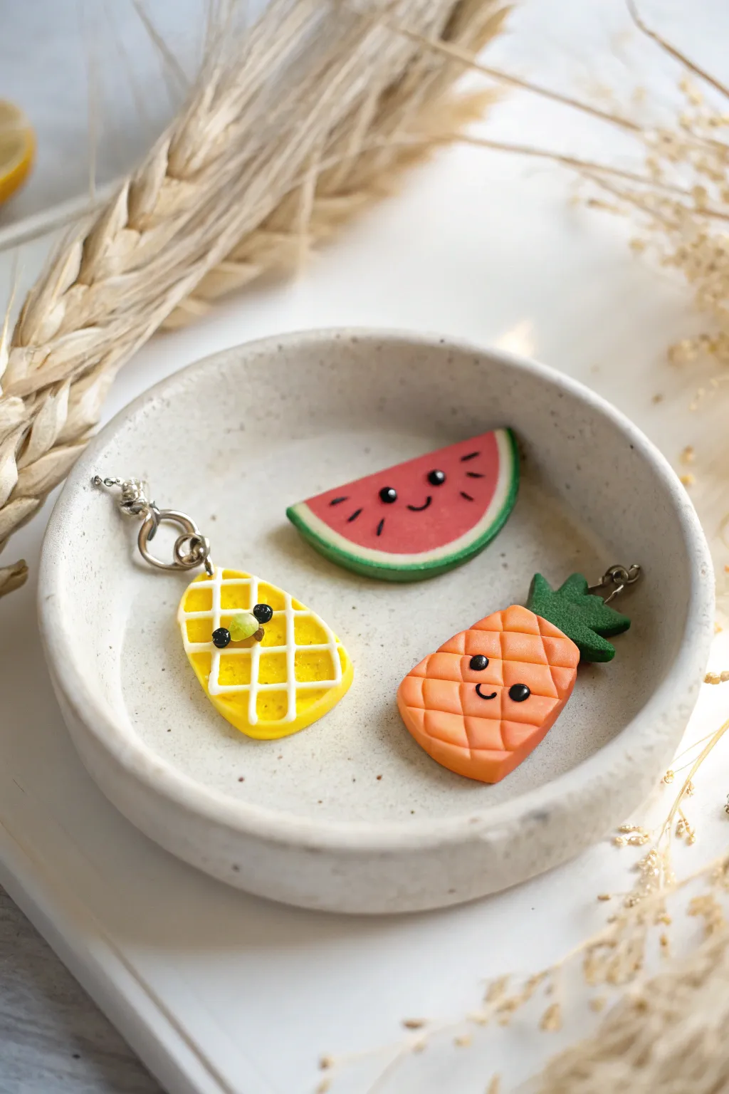 Kawaii polymer clay fruit slices with tiny smiles, styled in a clean Scandinavian boho flatlay.