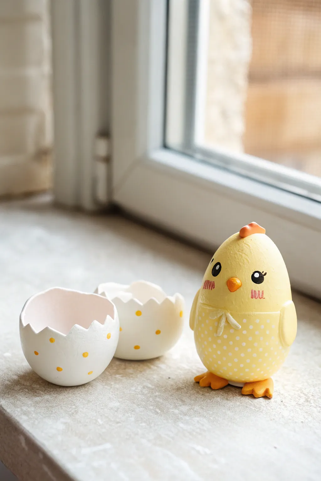 Kawaii chick and cracked egg duo in sunny pastels, the sweetest easy air dry clay project