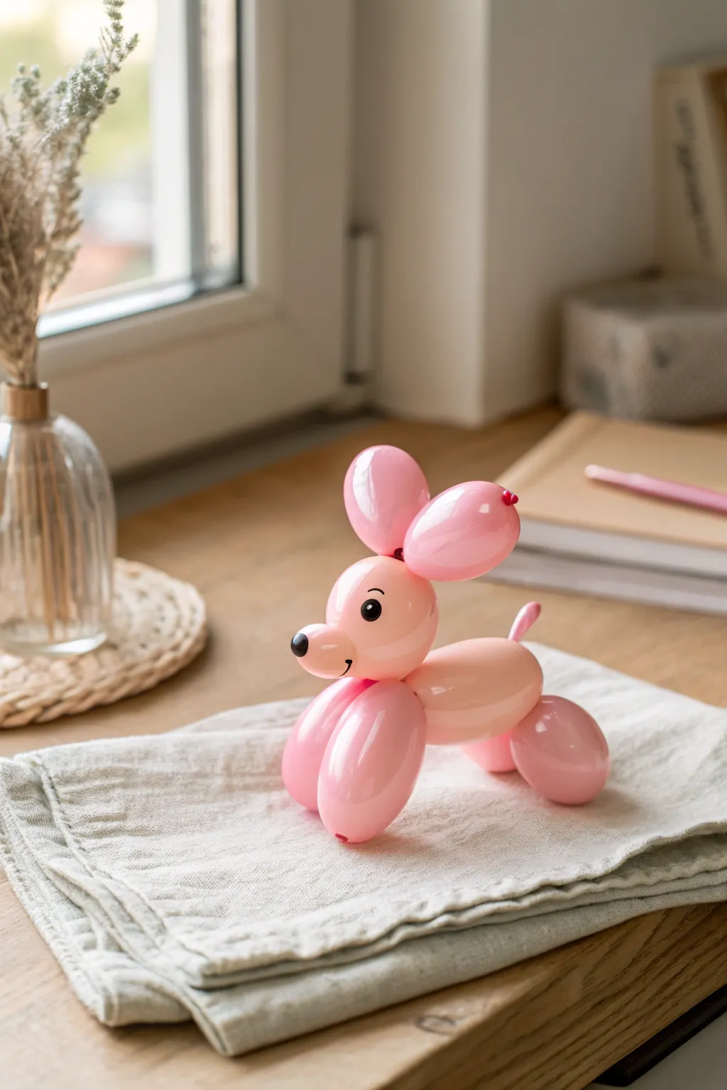 Glossy pastel kawaii balloon dog mini in polymer clay, a sweet minimalist desk companion