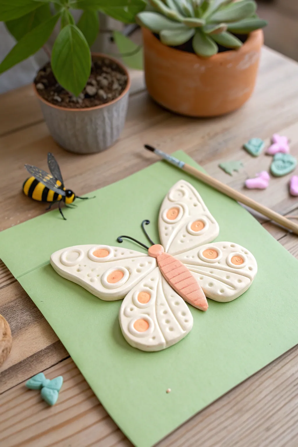 Sweet air dry clay butterfly centerpiece with tiny garden critters, simple and kid friendly.