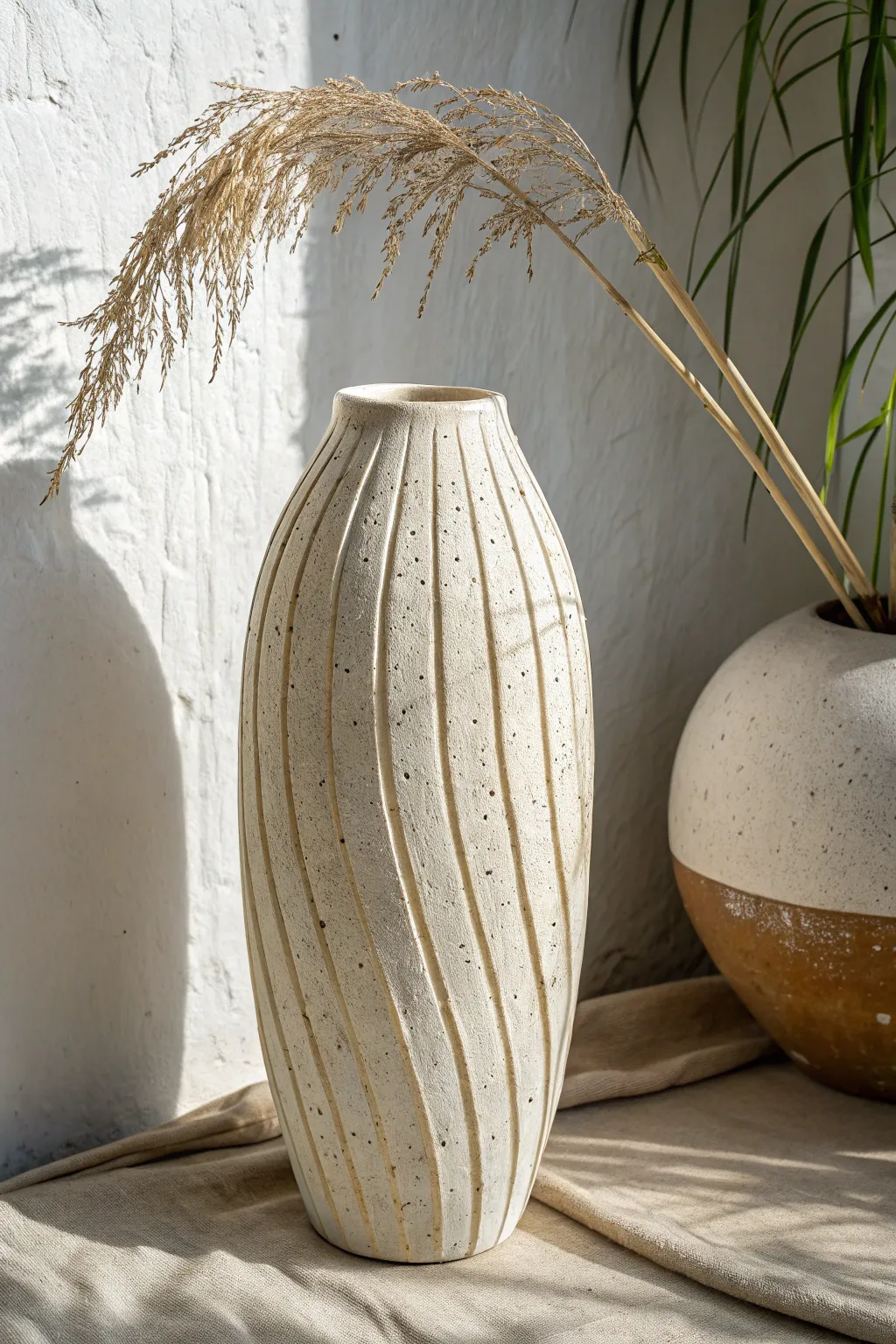 Textured slab vase with slip trails and a soft breaking glaze, calm Scandinavian boho mood.