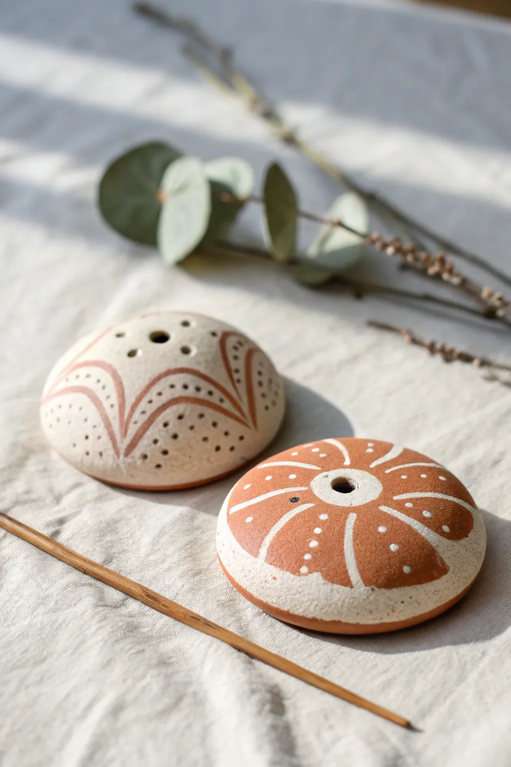 Mini pebble incense holders with dot and wave patterns, simple boho calm for your shelf.