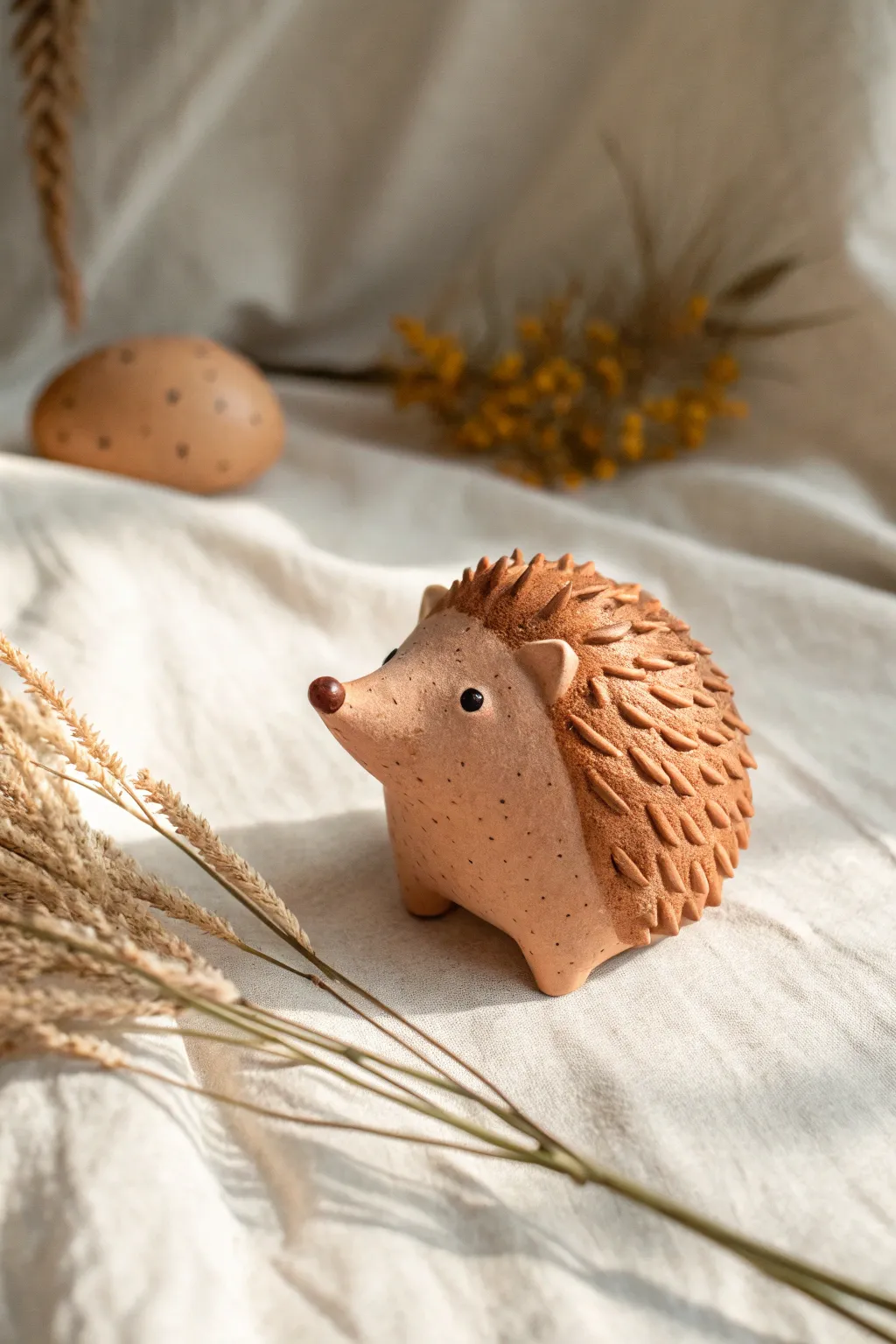 Mini clay hedgehog with soft textured spines, minimalist and cozy on a cream backdrop.