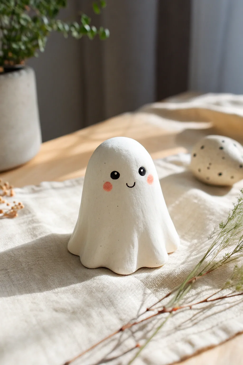 Minimal mini clay ghost with blush cheeks, smooth matte finish and soft Nordic-boho vibes.