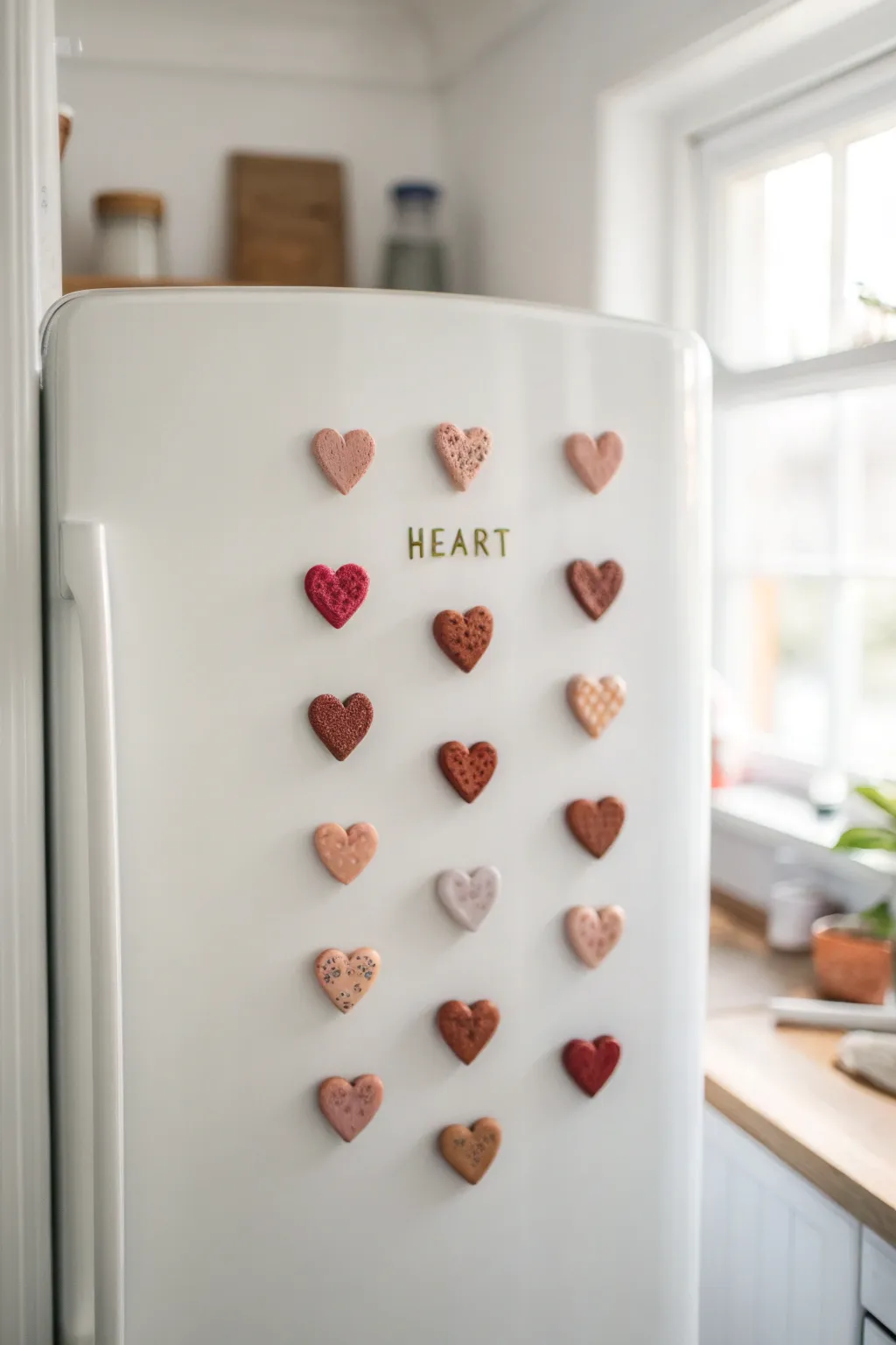 Tiny handmade heart magnets in rosy tones, personalized with initials for a sweet clay gift idea