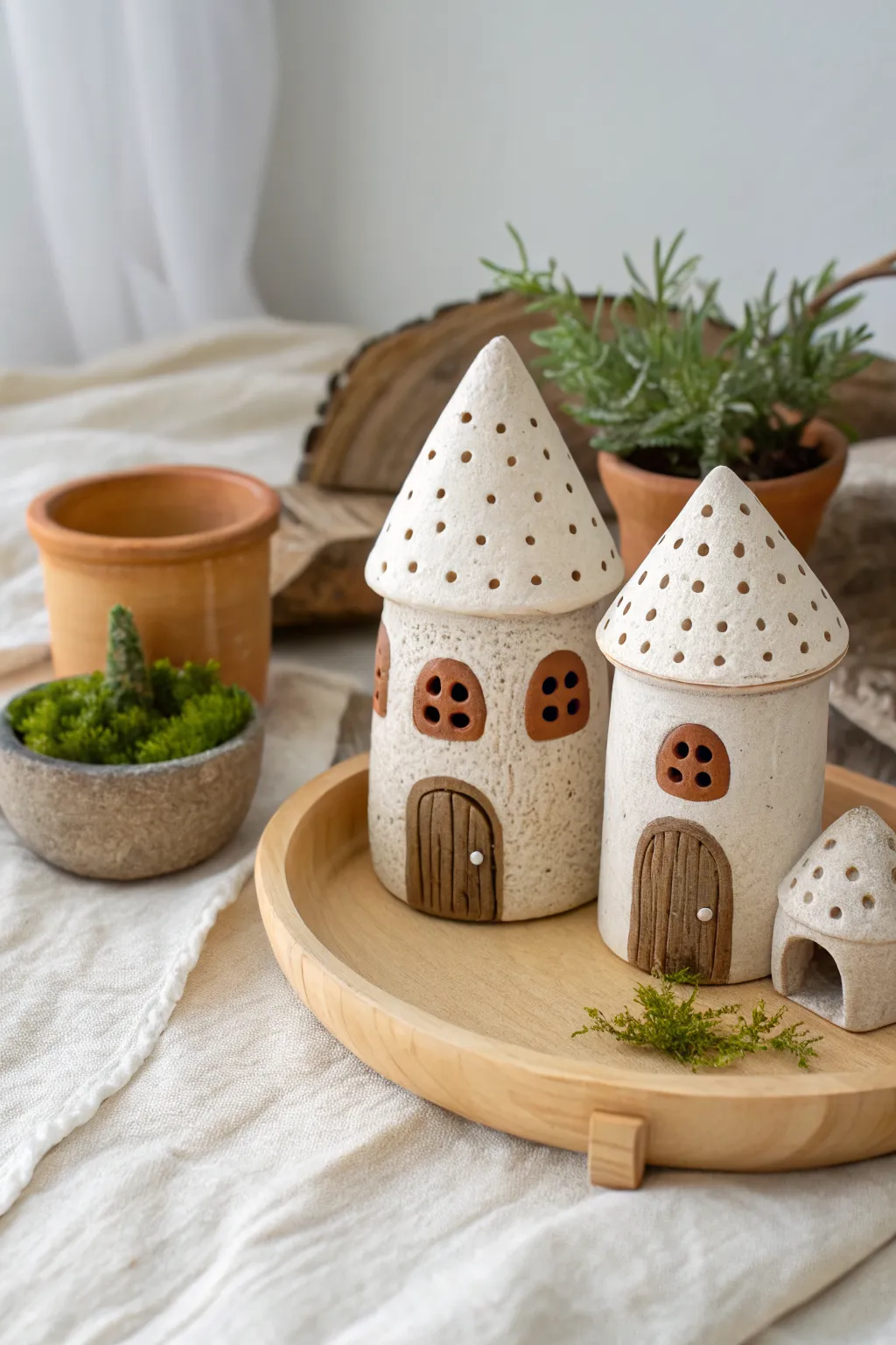 Tiny magic clay fairy houses by a plant pot, a sweet minimalist mini garden kids will adore.