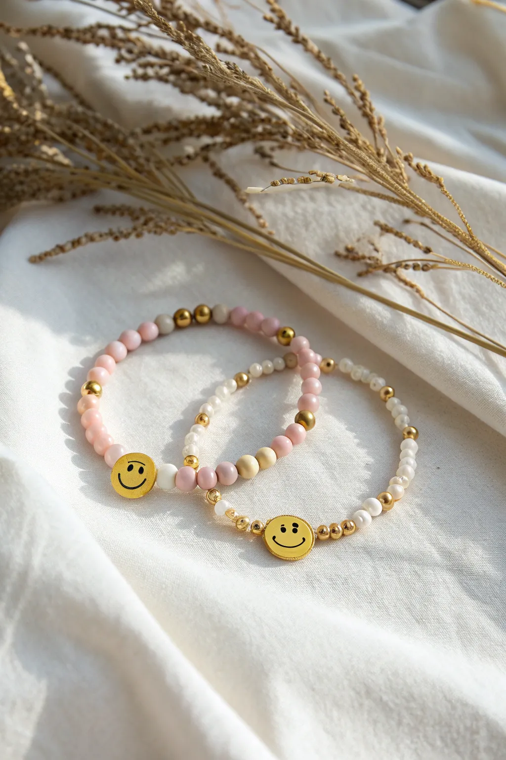Smiley accent matching bracelets with gold spacers and soft pastel heishi beads, minimal boho vibe