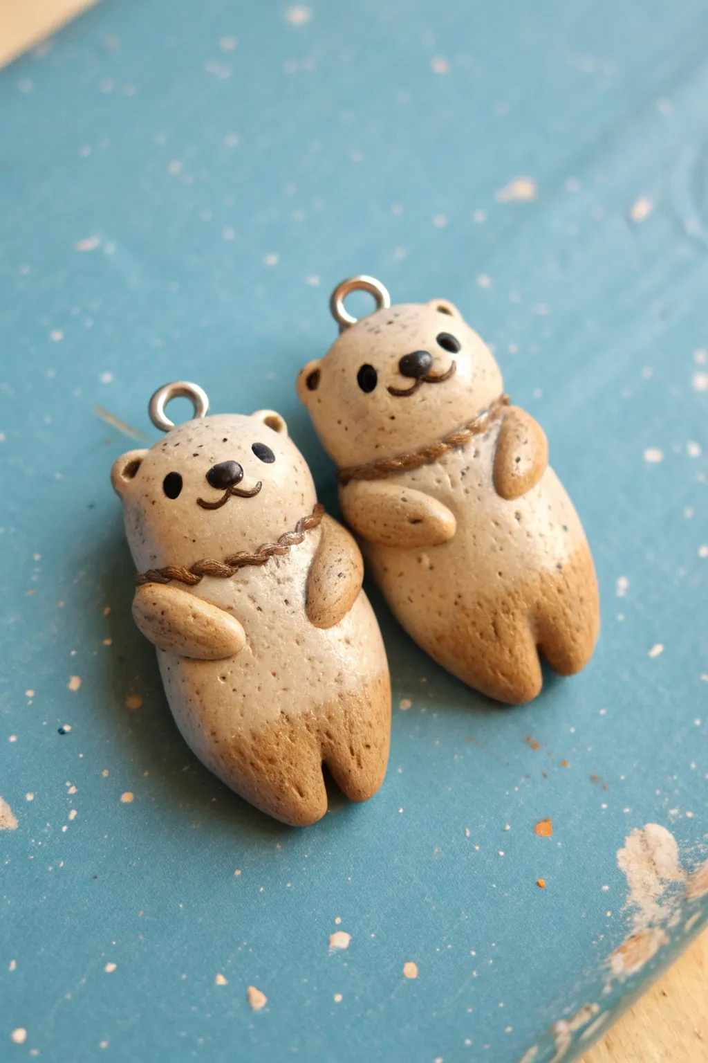 Sweet otter charms holding hands on a calm blue backdrop, simple, minimal, and handmade