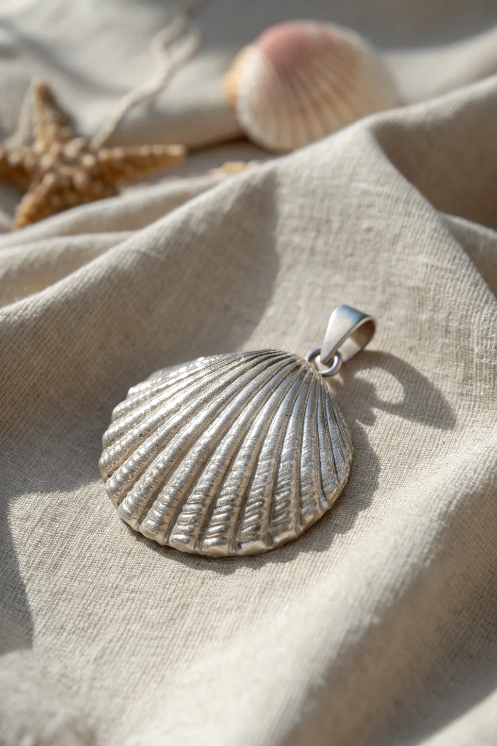 Shell-shaped metal clay pendant on sand linen with subtle seashell accents, minimal and boho