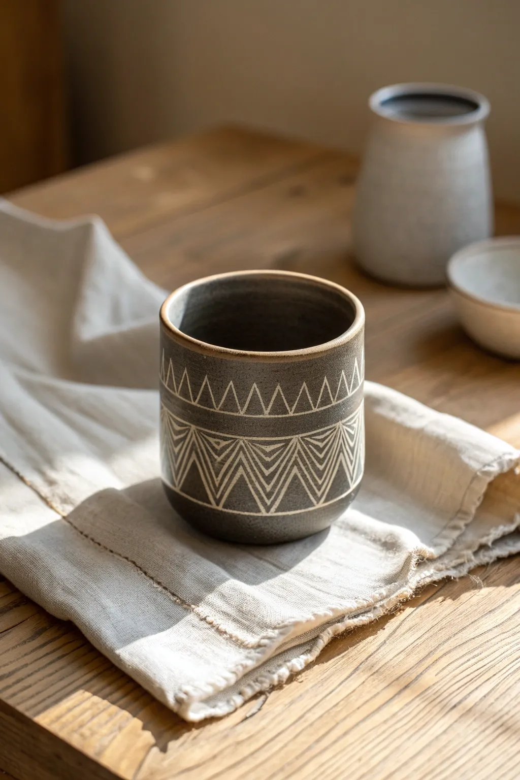 Minimal sgraffito cup with hand carved zigzags, dark slip revealing warm clay underneath