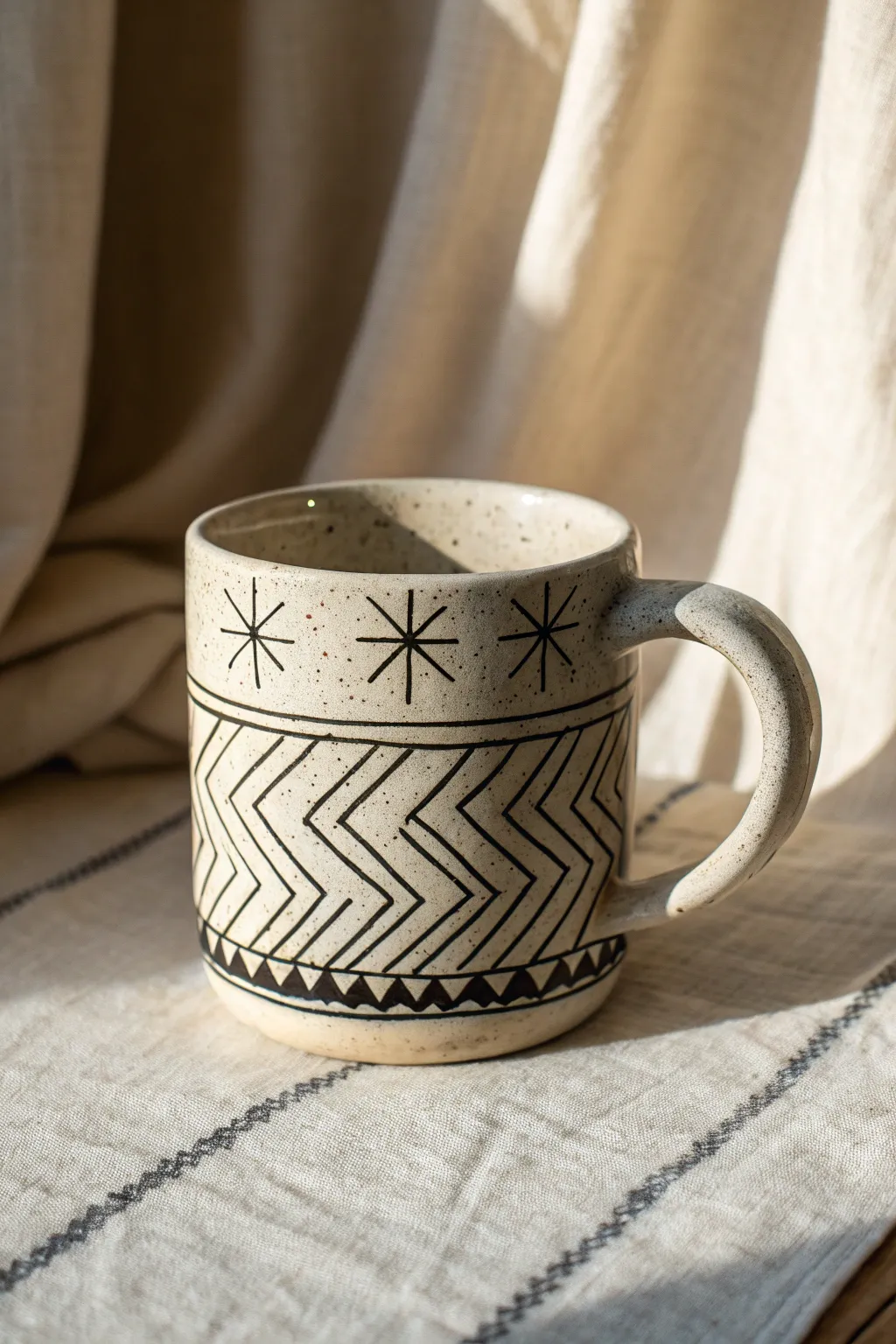 Bold sgraffito mug with clean zigzags and stars for an easy, graphic middle school clay project