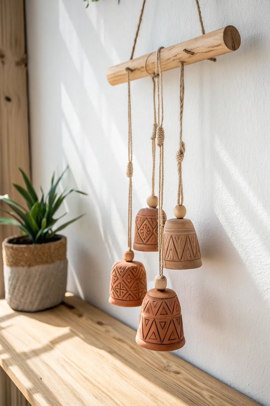 Handbuilt clay bell chime set with simple stamped patterns, perfect middle school project.