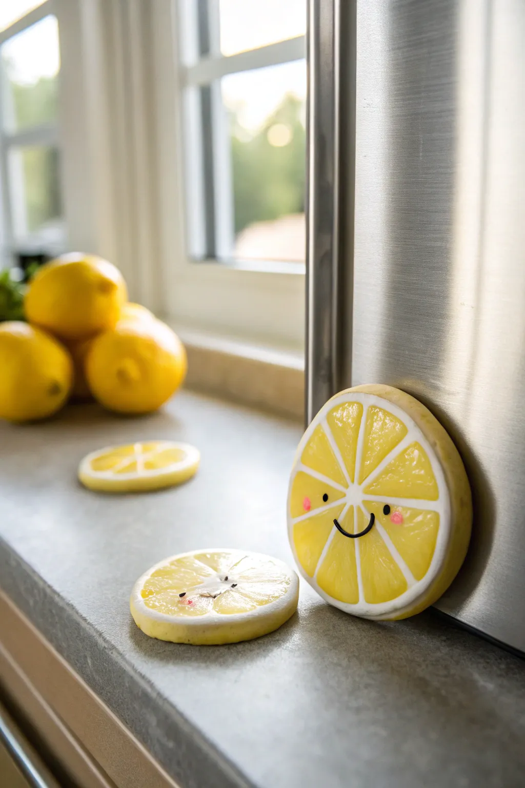 Tiny smiley lemon clay magnet on a steel fridge, Scandinavian minimal with a soft boho touch.