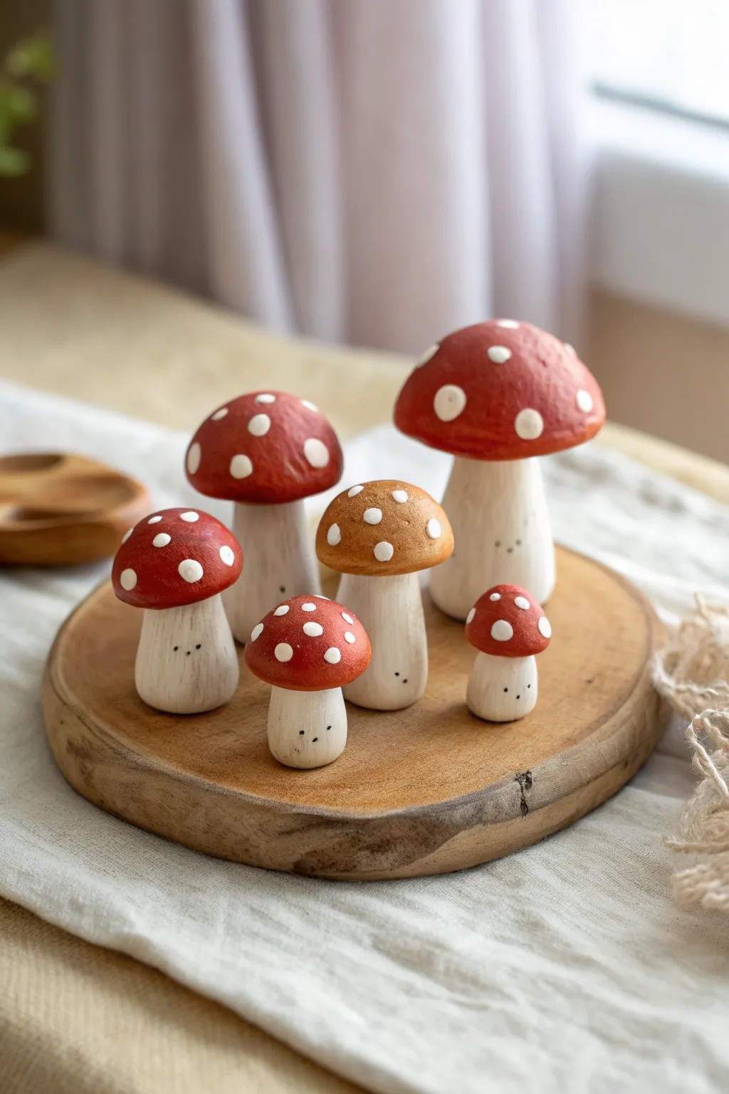 Tiny spotted mushroom buddies in sweet clay, a cozy little forest gang for your shelf.