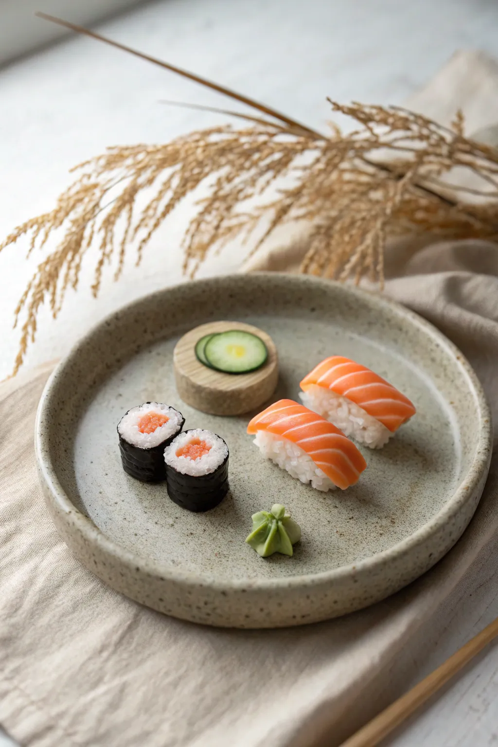 Mini clay sushi mix on a minimalist plate, perfect tiny food charm for your next pottery project.